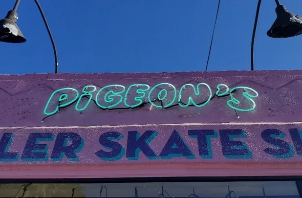 Storefront Neon Signage for Pigeon’s Roller Skate Shop in Long Beach by DN Signs 310-608-6099.