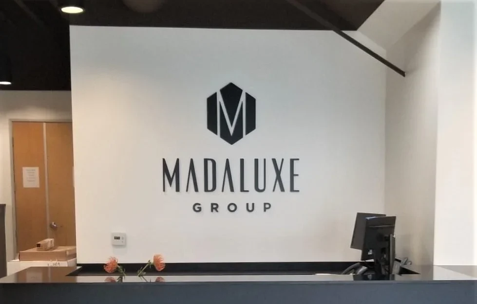 Fabricated & Installed Office Lobby Sign for Client: MadaLuxe Group in West Hollywood, California.